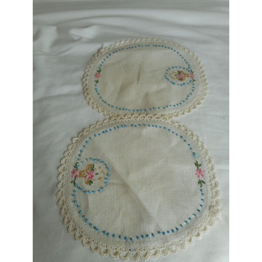 Set 2 Vintage blue pink Floral handmade embroidered  Dresser scarf runner doily